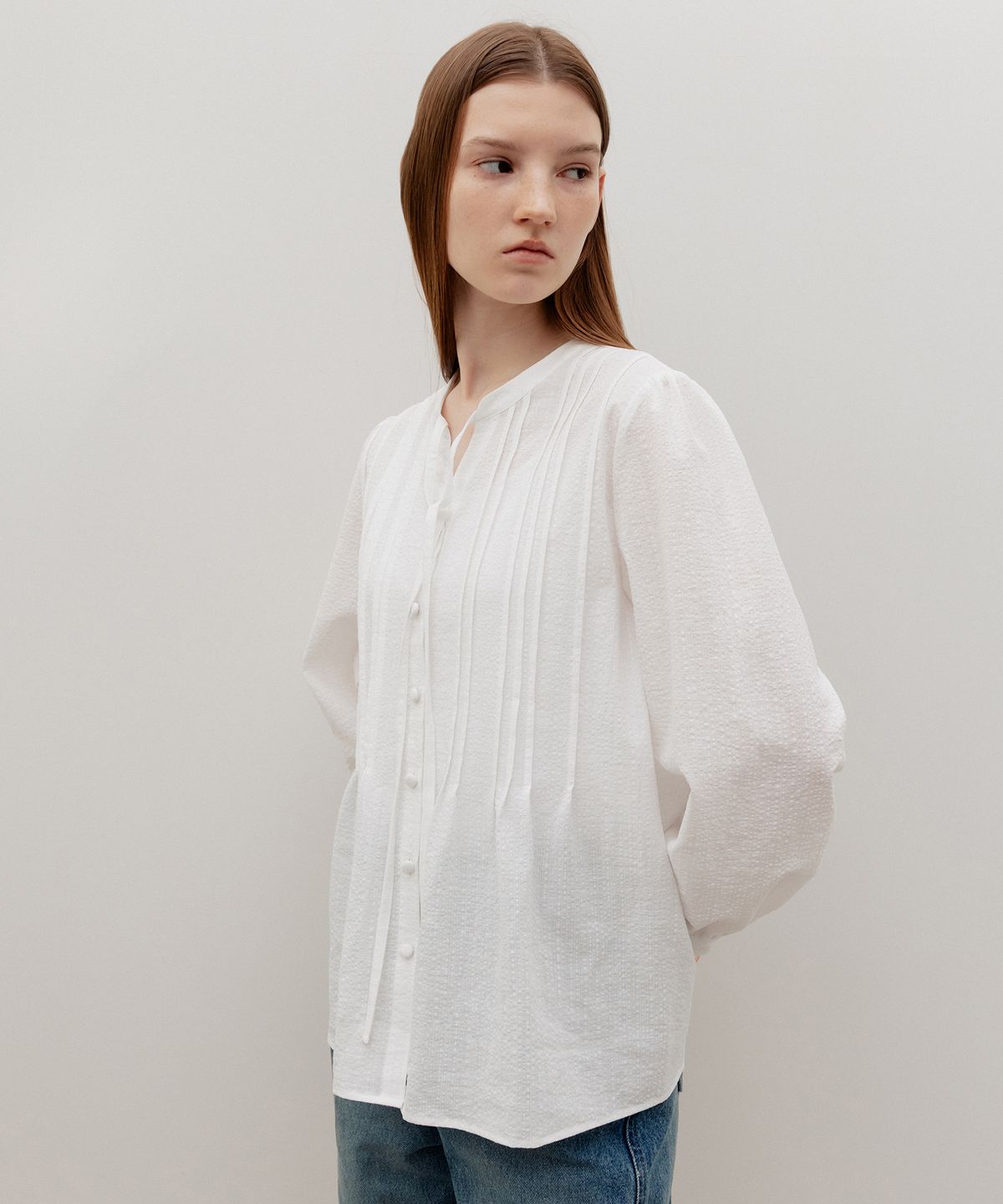 르메메(LEMEME) Plisse Pin-Tuck Tie Blouse White