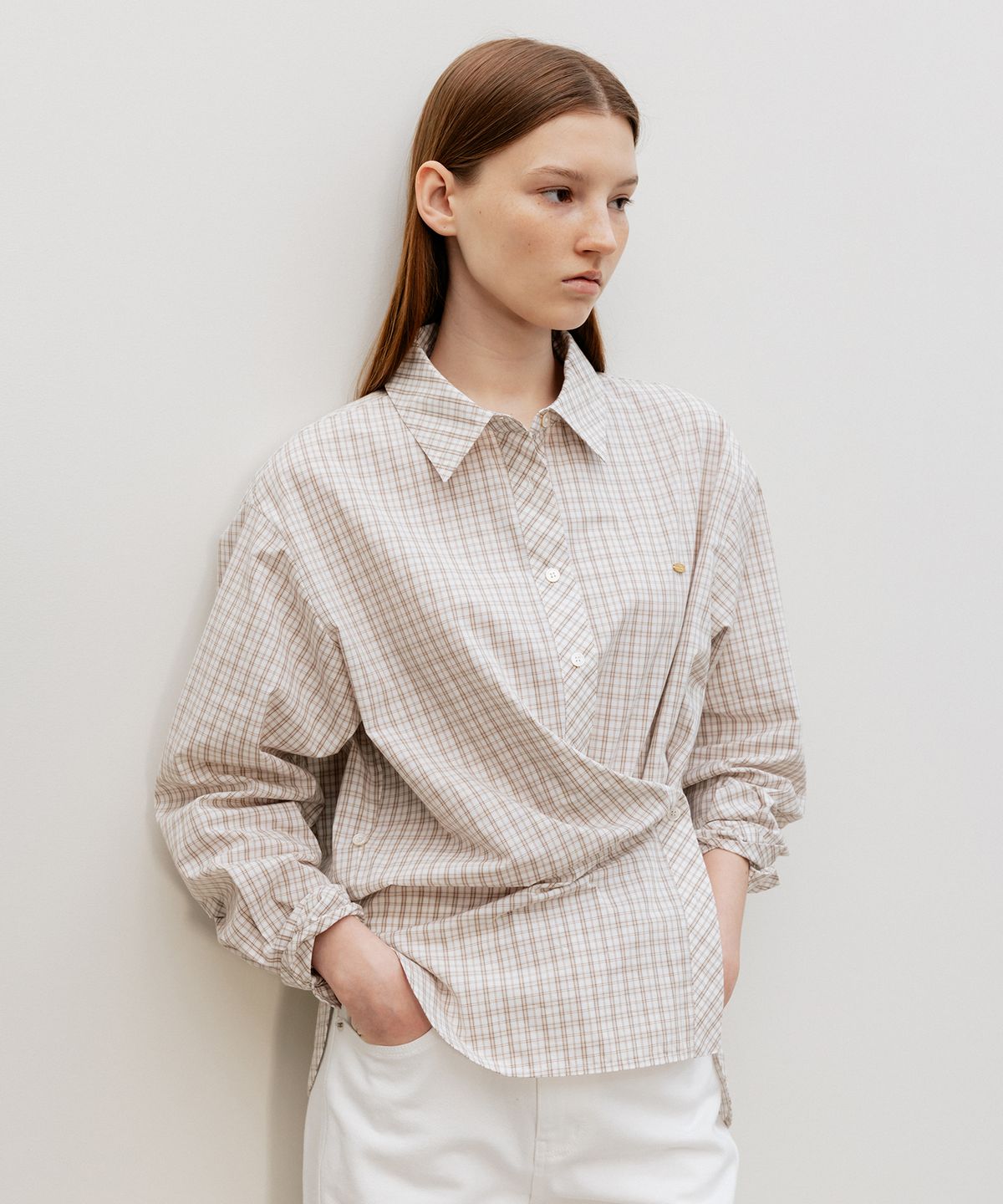 르메메(LEMEME) Aube Scarf-Wrap Shirt IvoryCheck