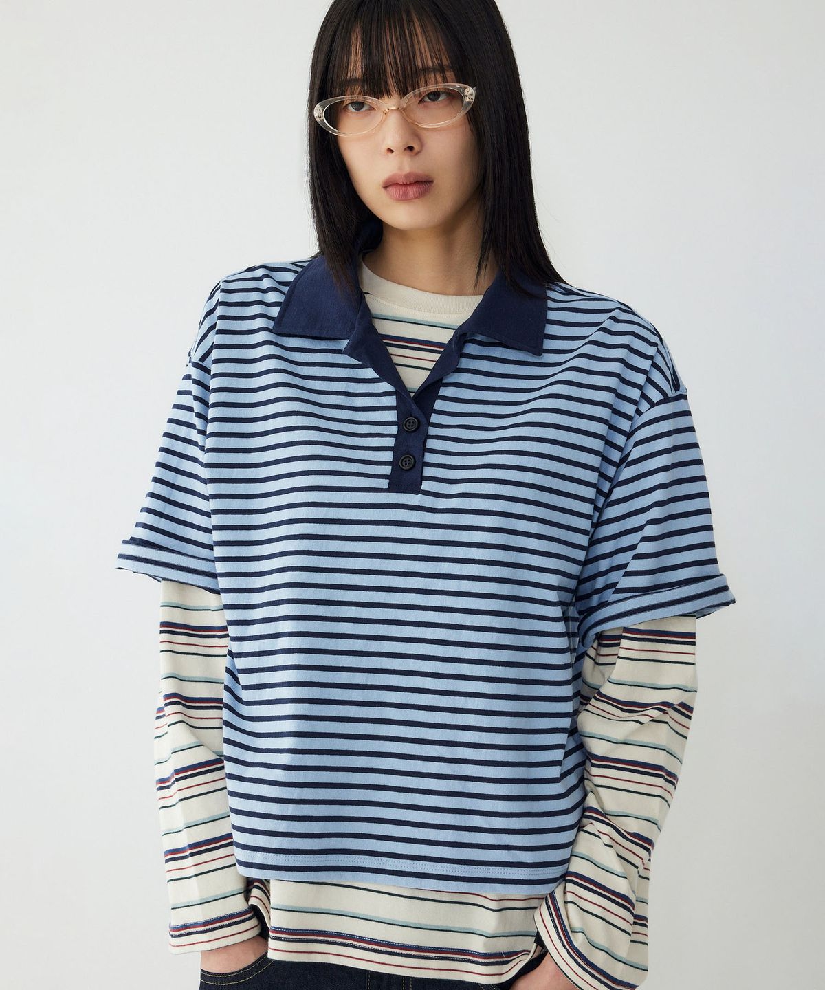 스튜디오 톰보이(STUDIO TOMBOY) 스트라이프 카라 넥 반팔 티셔츠_블루 9176222999