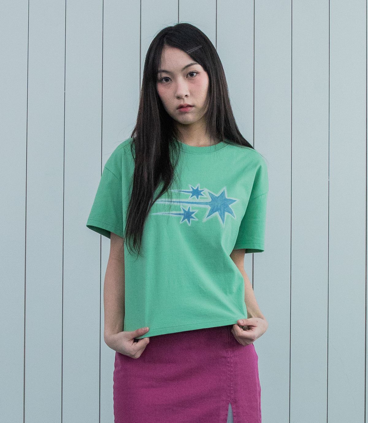 나이스고스트클럽(NICEGHOSTCLUB) DRAWING 3STAR BIG CROP TEE_LIGHT GREEN(NG2GMFT530A)