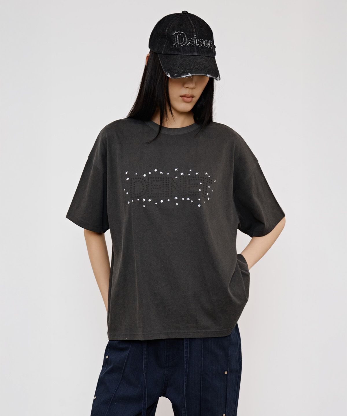 다이닛(DEINET) STAR TRIM DYEING T-SHIRTS IN CHARCOAL