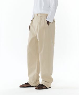 워시드 코튼 루즈핏 투턱 팬츠 [베이지]