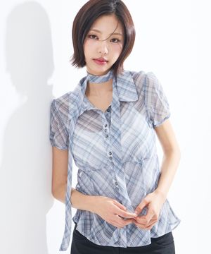 플레어 퍼프 블라우스 체크 그레이