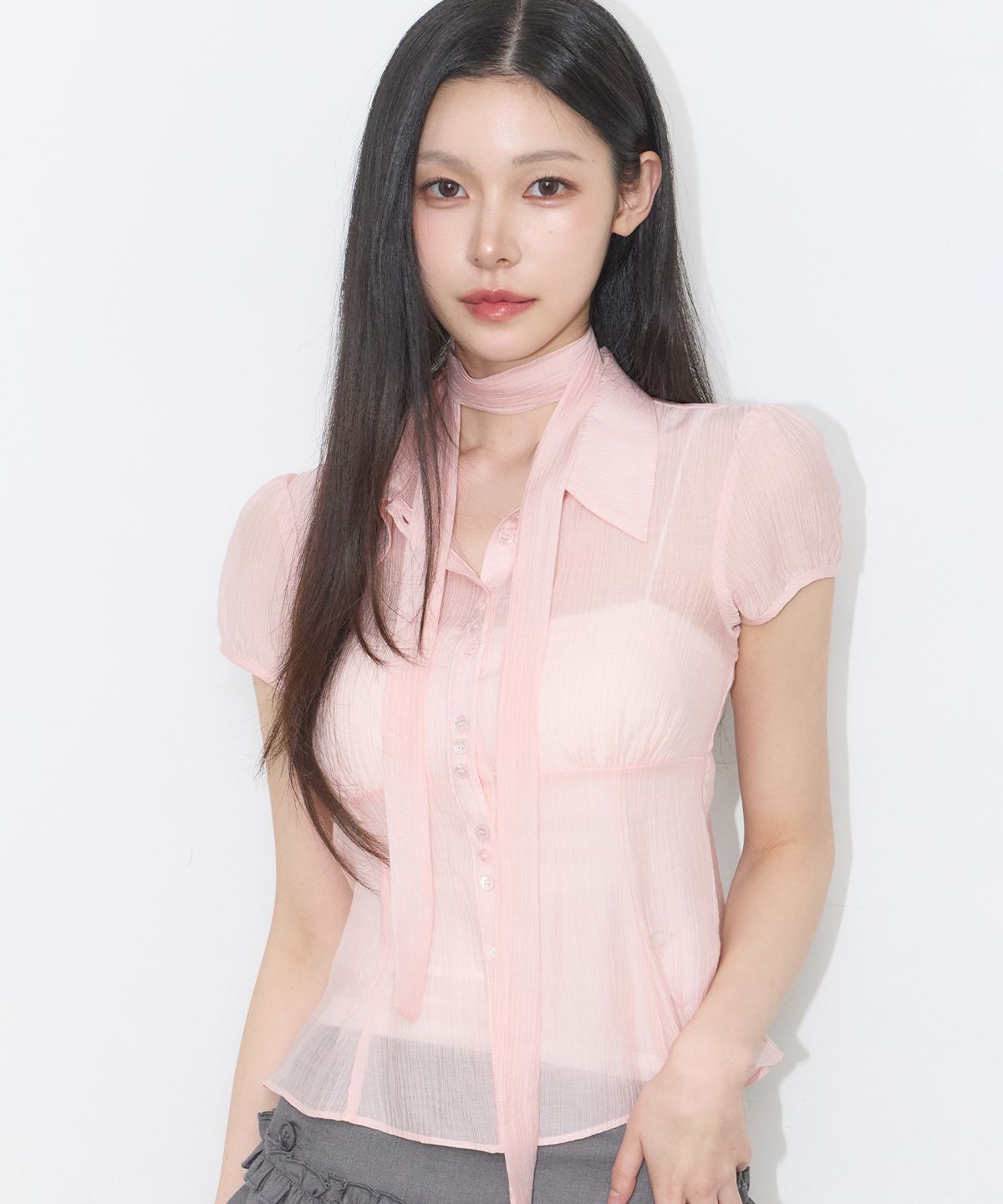 일리고(ILLIGO) 플레어 퍼프 블라우스 핑크