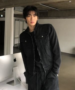 크롭 니트 집업 데님 자켓_BLACK