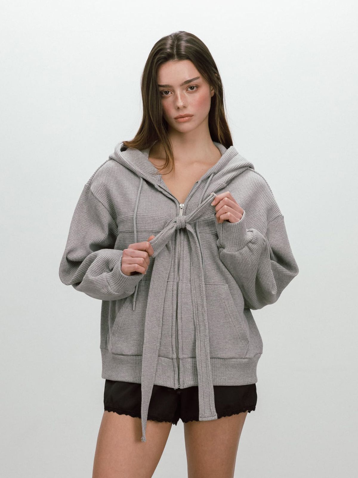 모이페어(MOIFAIRE) RIBBON WAFFLE HOODIE / GREY