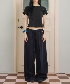 Cotton Blend Wide Track Pants [Navy]