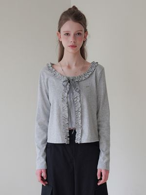 [프릴포인트/러블리세트] 러플 엣지 리본 가디건&나시 세트 2colors