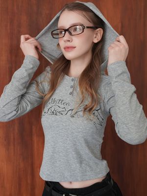 [슬림핏/키티무드] 키티 헨리넥 리브드 후드 탑 3colors