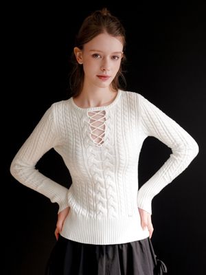 [니트텍스처/몸매보정] 레이스업 케이블 피티드 니트 2colors