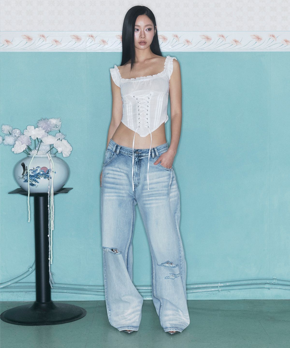 플리즈노팔로우(PLEASENOFOLLOW) 25Damaged Washing Wide Denim (Ice Blue)