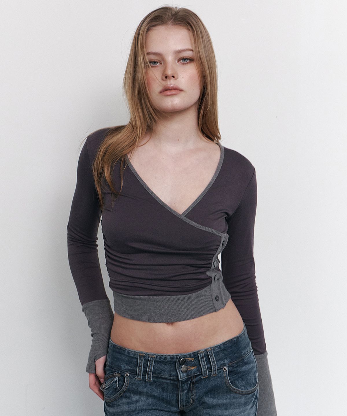 플리즈노팔로우(PLEASENOFOLLOW) Selena Button Wrap long sleeve Top (Charcoal)