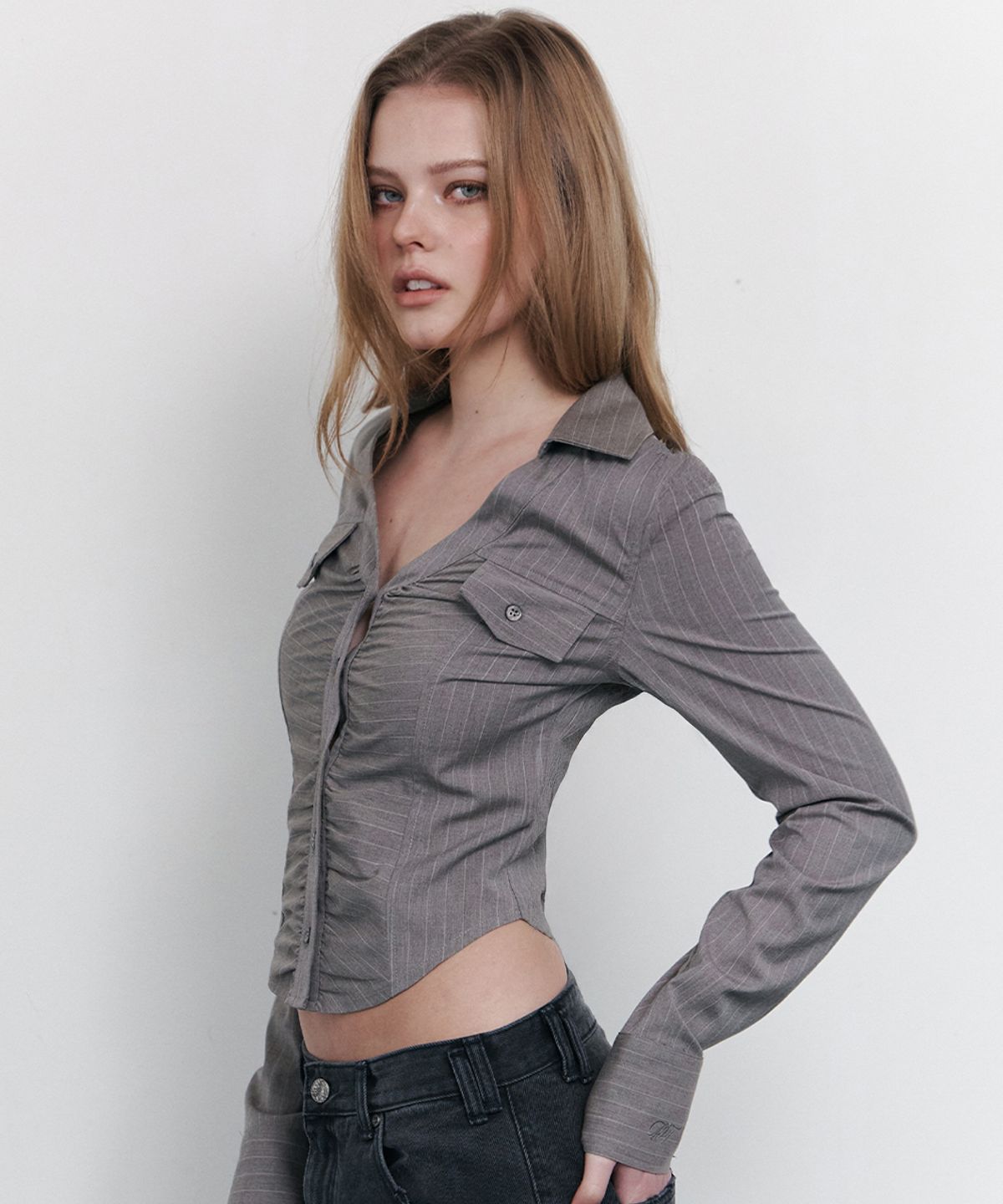 플리즈노팔로우(PLEASENOFOLLOW) Kayla Shirring Shirt Top (Mocha)