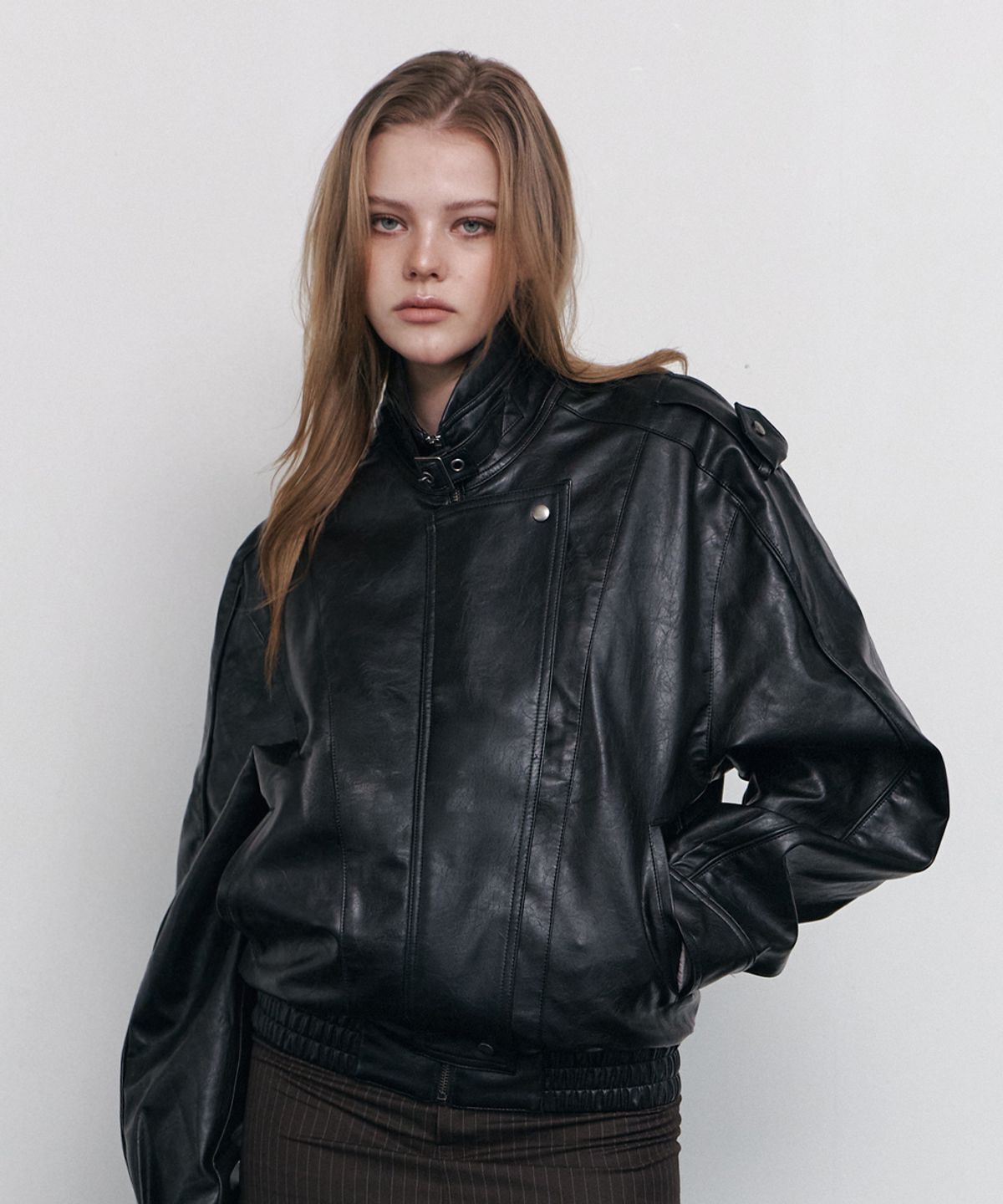 플리즈노팔로우(PLEASENOFOLLOW) Gia Leather Bomber jacket (Black)