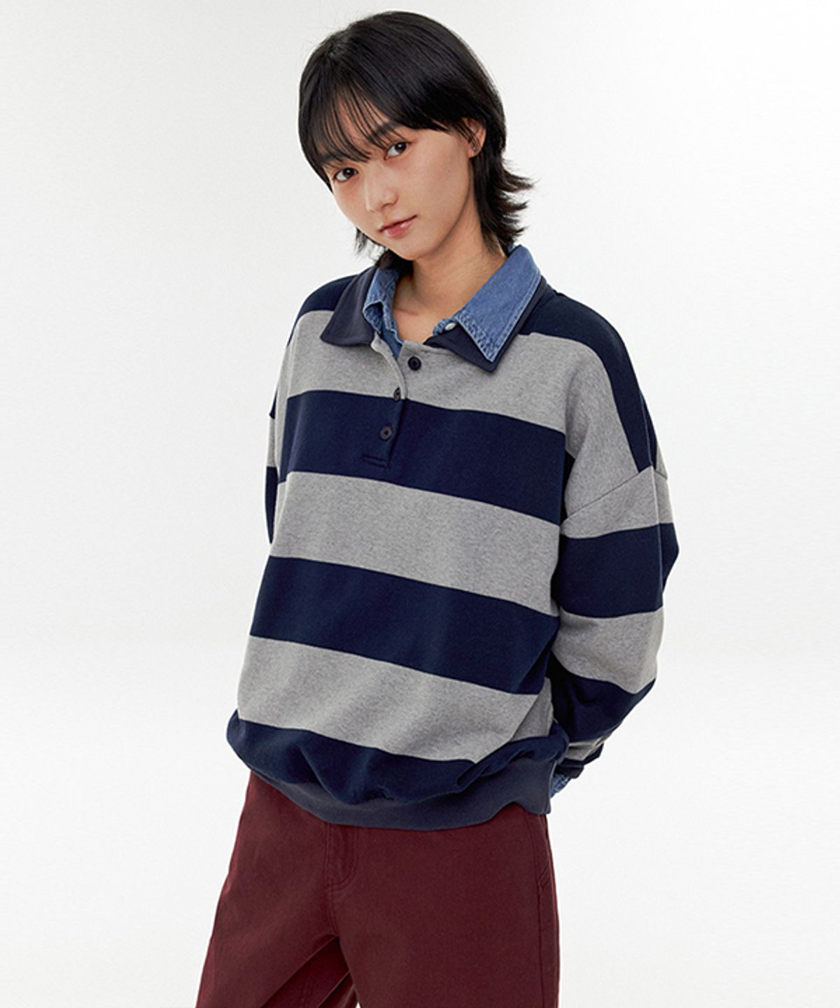 코스에그(COSEGG) Oversized Stripe Collar T-Shirt_EFSTS182