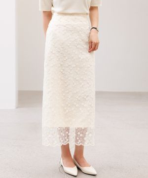 플라워 자수 레이스 롱 스커트