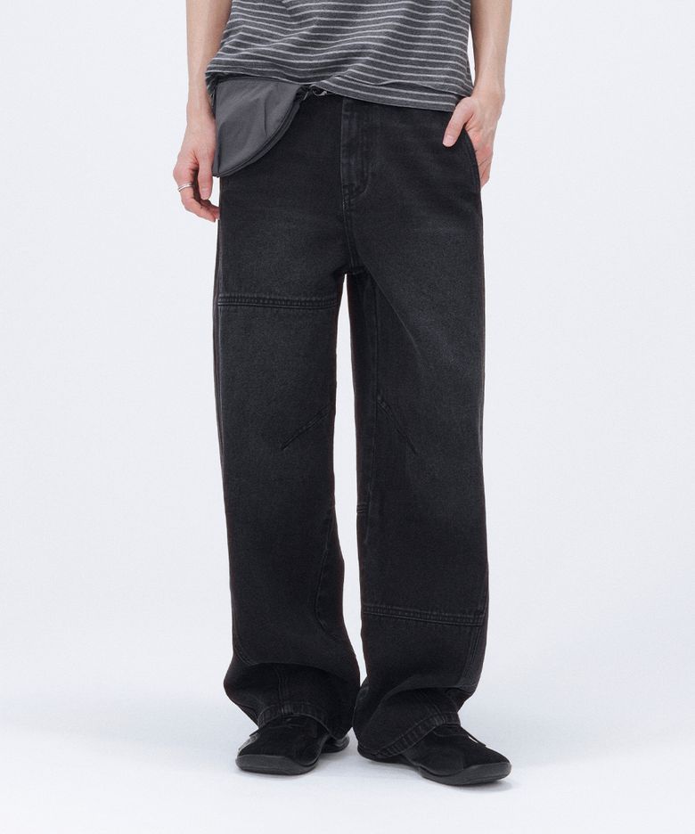 Stitch semi wide jeans BLACK