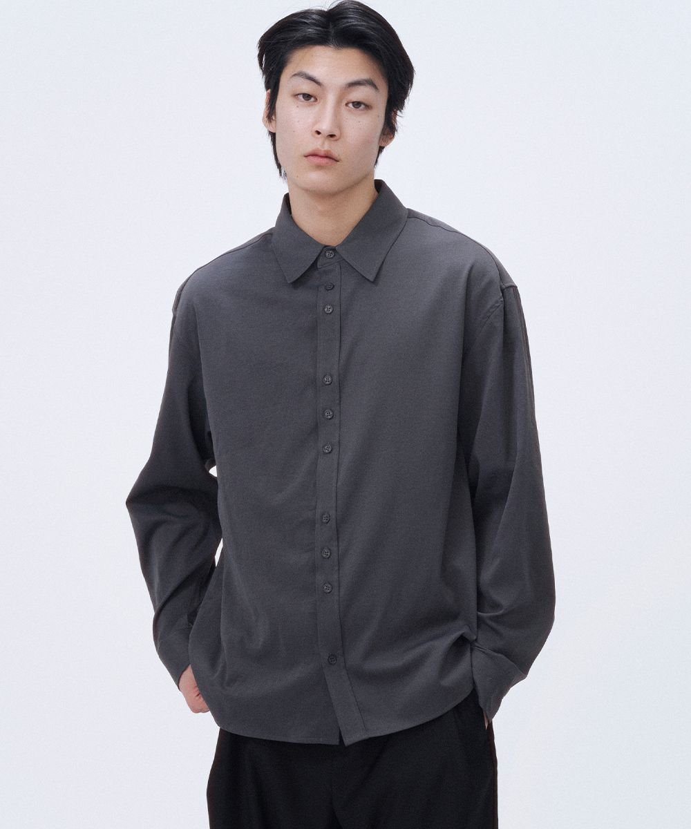 MUSINSA | MISEKISEOUL MEN Asymmetric button shirt CHARCOAL