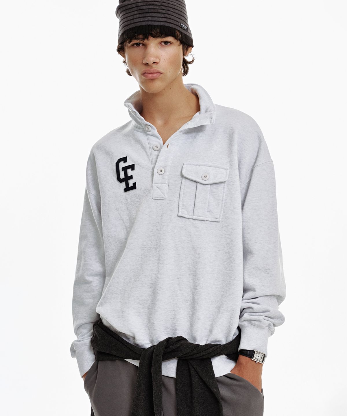 가든익스프레스(GARDEN EXPRESS) Half-Neck Button-Up Sweatshirt (melange grey)