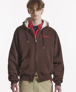 WAFFLE LINED HOODED ZIP-UP JUMPER BROWN