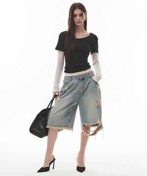 Button Half Damge Denim Pant