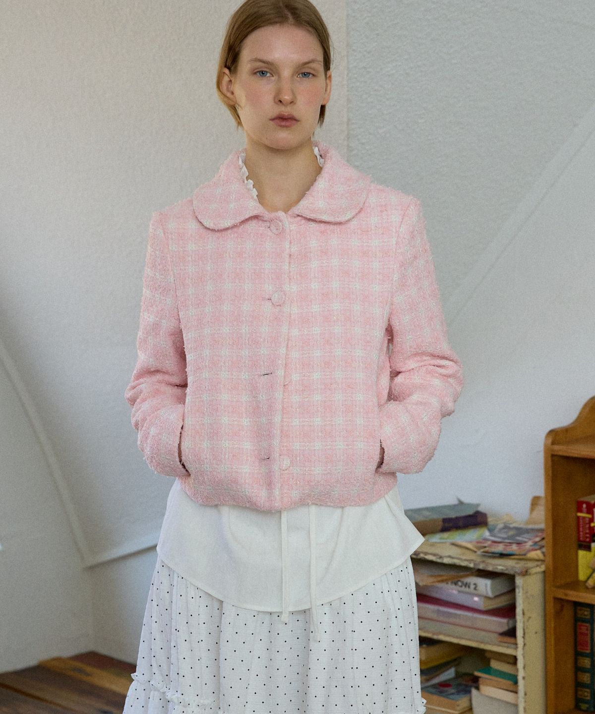 위오이(WIOE) Round Callar Tweed Jacket_Pink