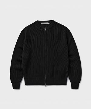 COTTON CREW NECK ZIP-UP CARDIGAN [BLACK]