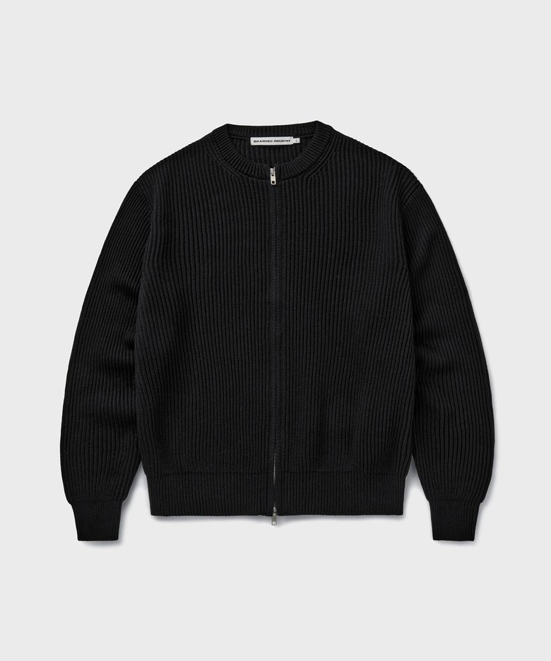 COTTON CREW NECK ZIP-UP CARDIGAN [BLACK]