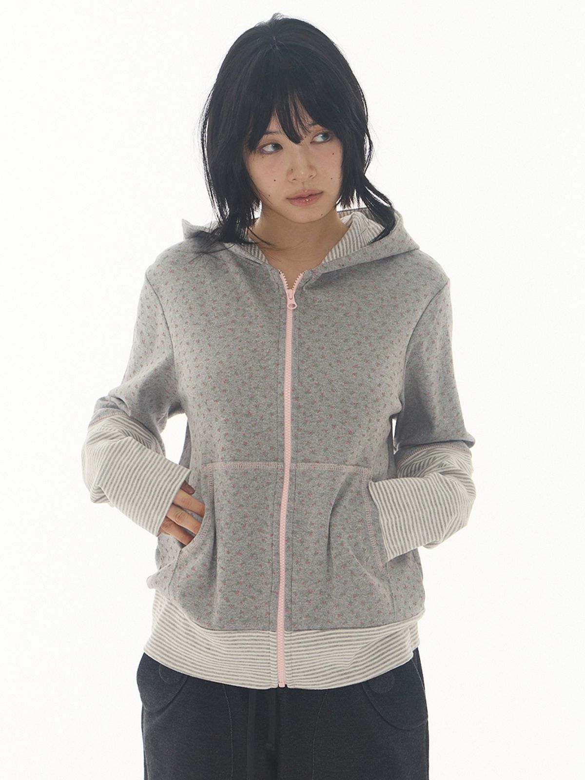 익스파이어드걸(EXPIRED GIRL) Milky Combi Hoodie Zip Up Floral Melange Grey