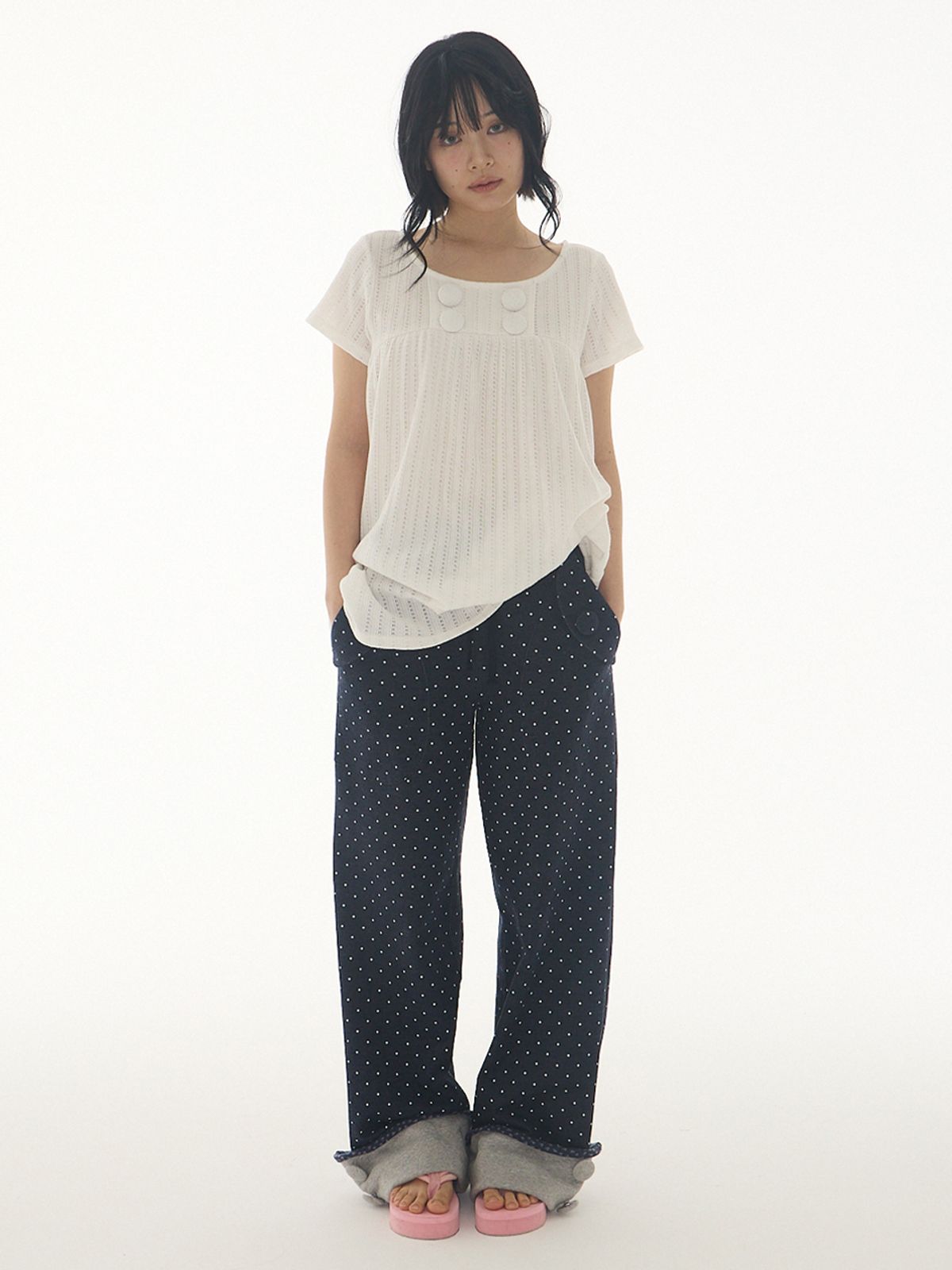 익스파이어드걸(EXPIRED GIRL) Roll-Up Button Pants Dotted Navy