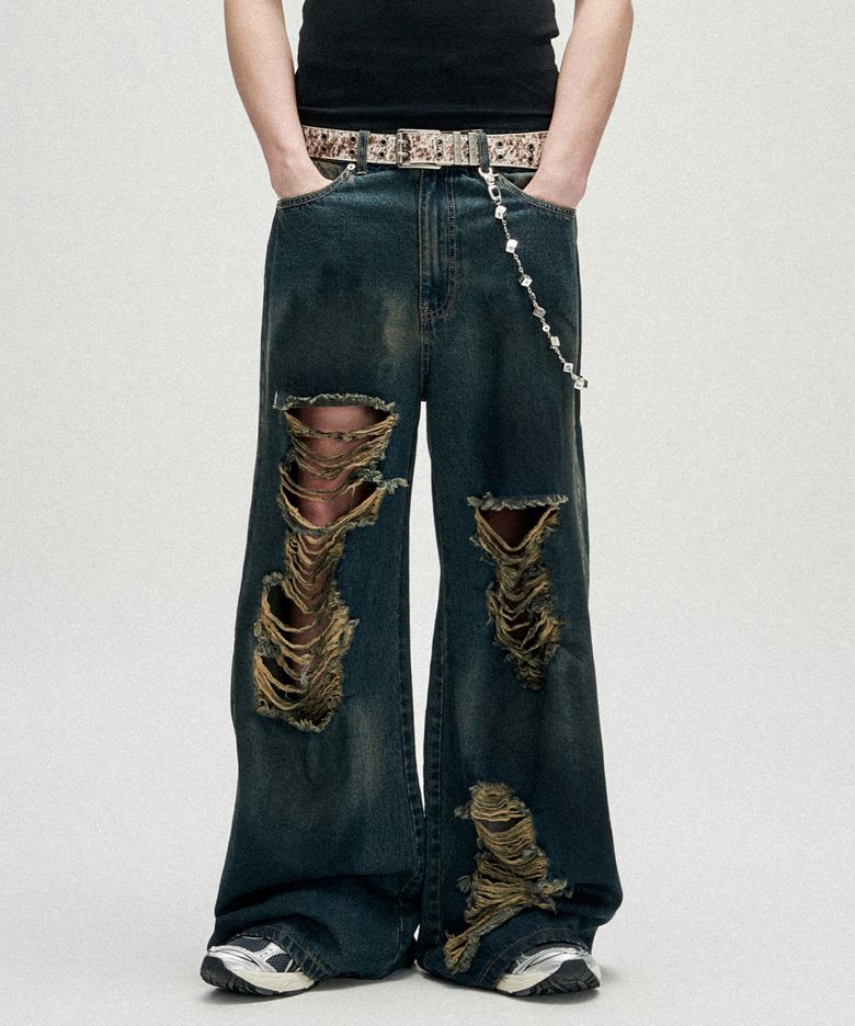 Distressed Oil Washed Wide Denim Pants - Deep Blue