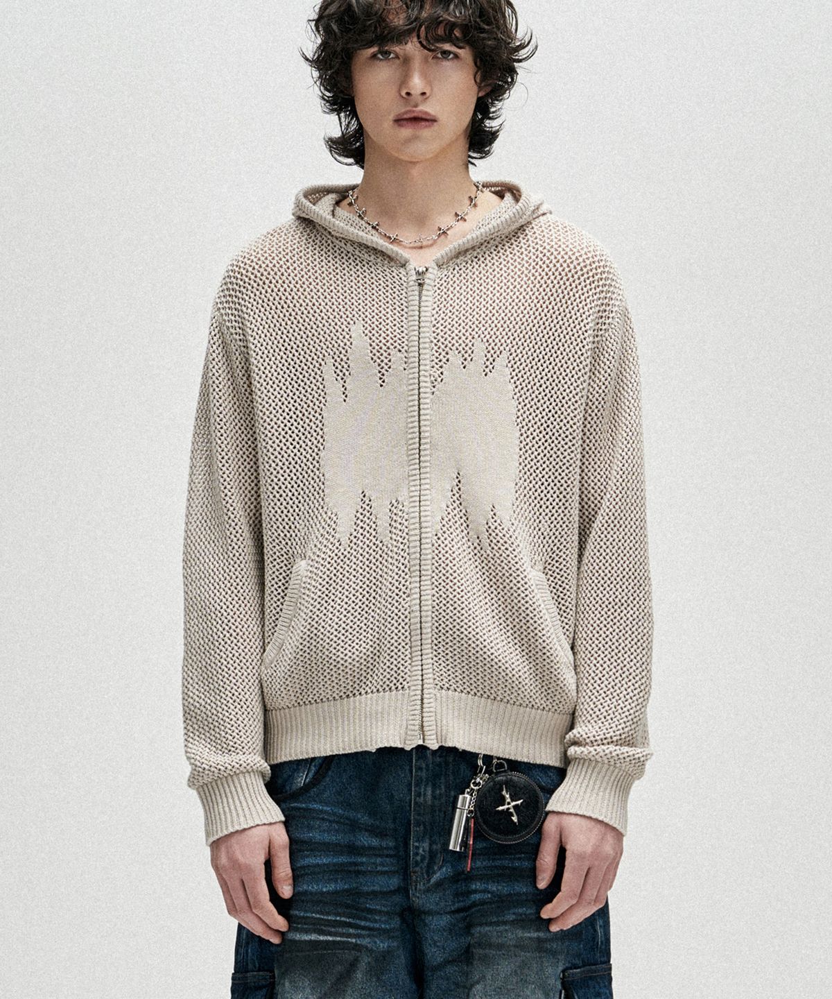 낫포너드(NOT4NERD) Candle Crochet Knit Hood Zip Up - Beige