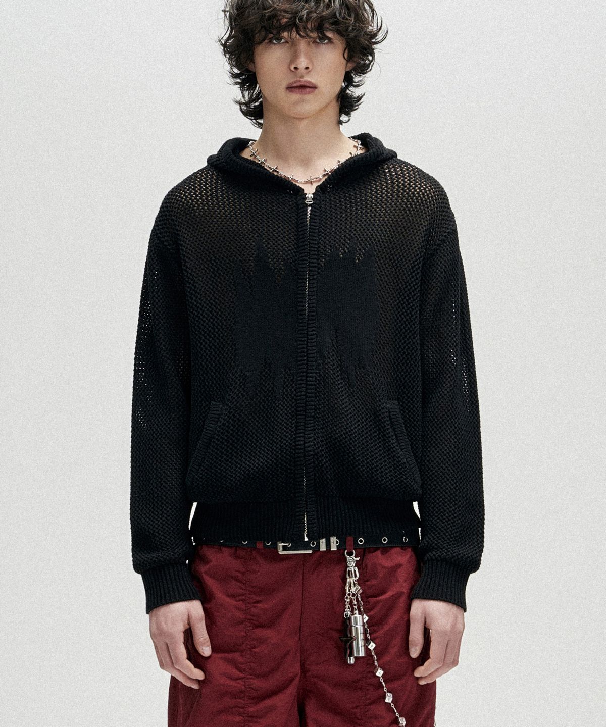 낫포너드(NOT4NERD) Candle Crochet Knit Hood Zip Up - Black