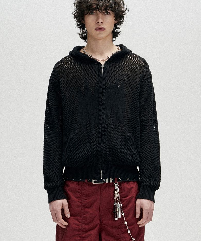 Candle Crochet Knit Hood Zip Up - Black