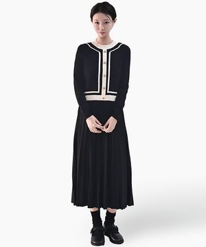 하객룩 니트 배색 플리츠 롱원피스_블랙