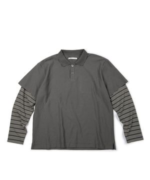 (BASE) LAYERED STRIPE POLO L/S TEE (CHARCOAL)
