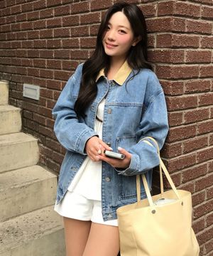 [혜진착용] 배색 카라 포켓 데님 점퍼 OE6SM2570