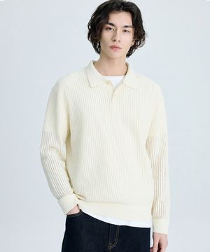 메쉬 스트라이프 카라 니트 아이보리