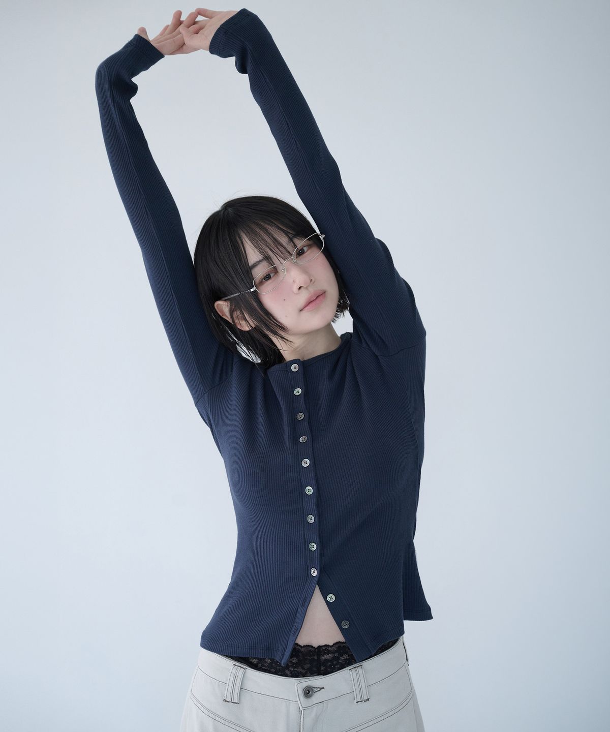 미레코(MIRECO) BUTTON RIBBED CARDIGAN NAVY