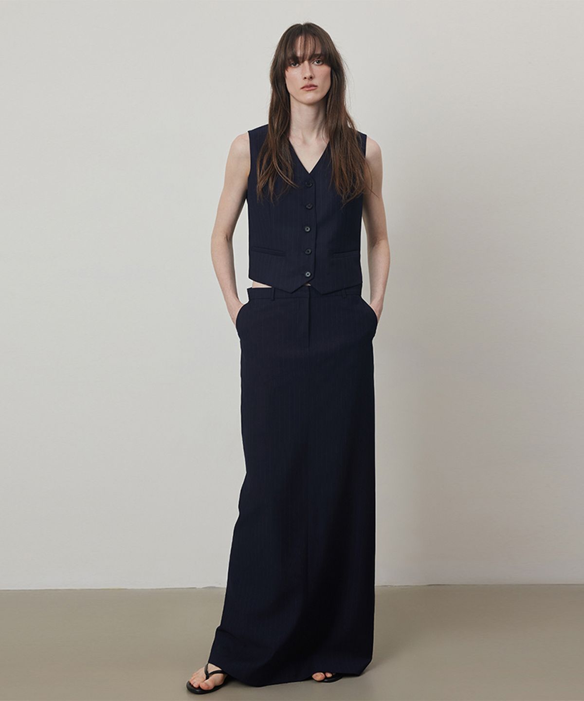 퀸스래빗(Q'SRB) Stripe Four Set Up Suit-H Line Long Slit Maxi Skirt
