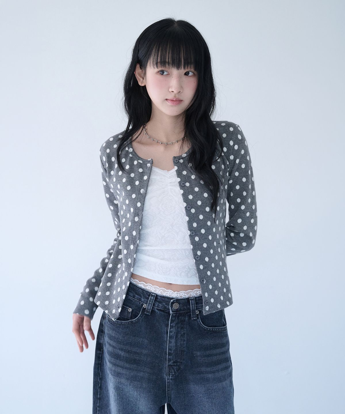 미레코(MIRECO) SOFT DOT JACQUARD CARDIGAN GREY