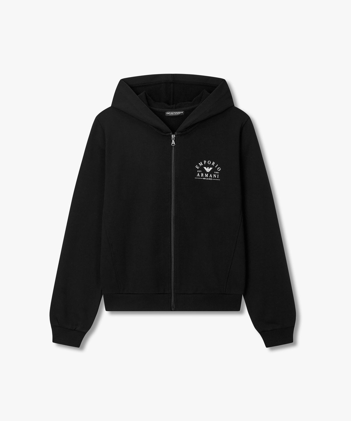 엠포리오 아르마니 언더웨어(EMPORIO ARMANI UNDERWEAR) 여성 아치 로고 라운지 후드 집업_블랙 0826138504