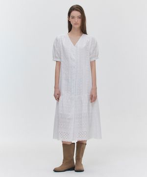 브이넥 레이스 버튼 반팔 원피스(MAGBOP03MWH)