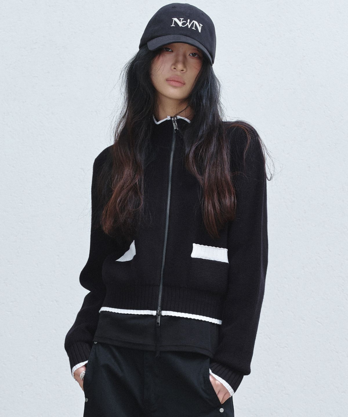 닉앤니콜(NICK&NICOLE) JAQUARD ZIP UP KNIT CARDIGAN_BLACK