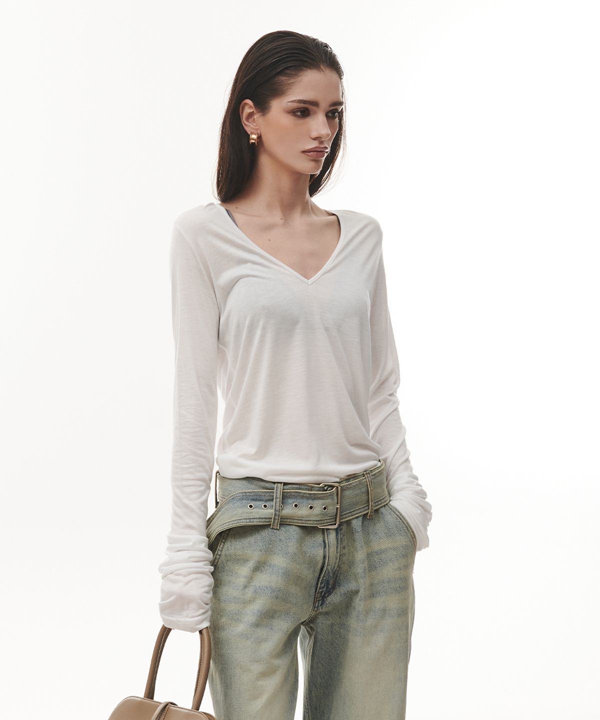 프로젝트 웨이브(PROJECT WAVE) See-through Deep V-neck T-shirt