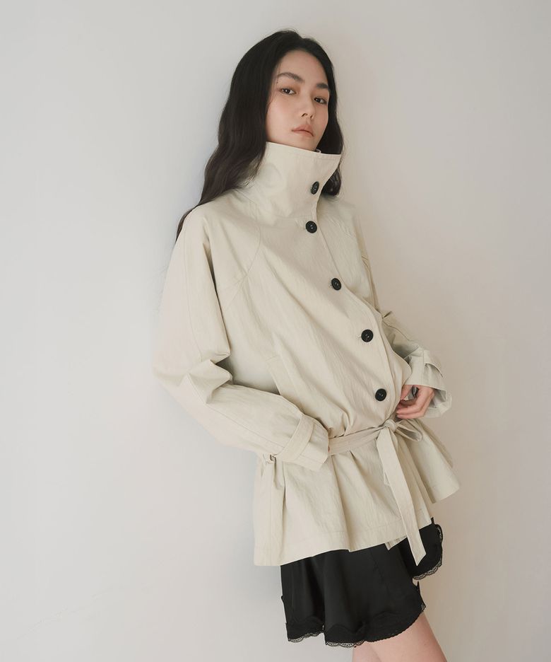HIGH NECK BELTED HALF JACKET, BEIGE