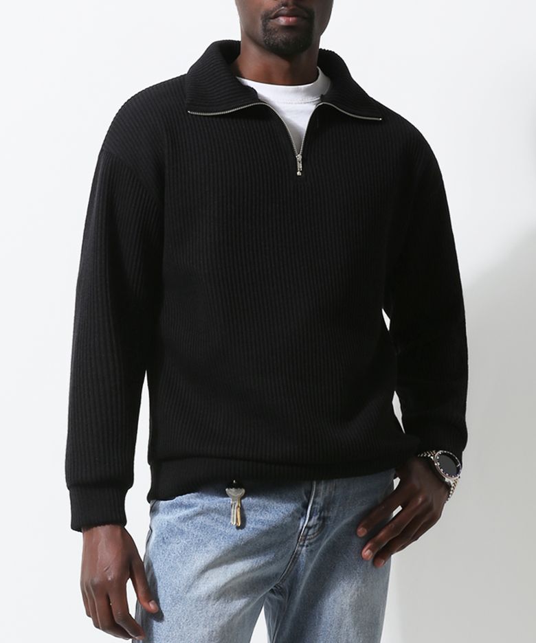 볼륨 리브 하프 지퍼 풀오버 (BLACK)
