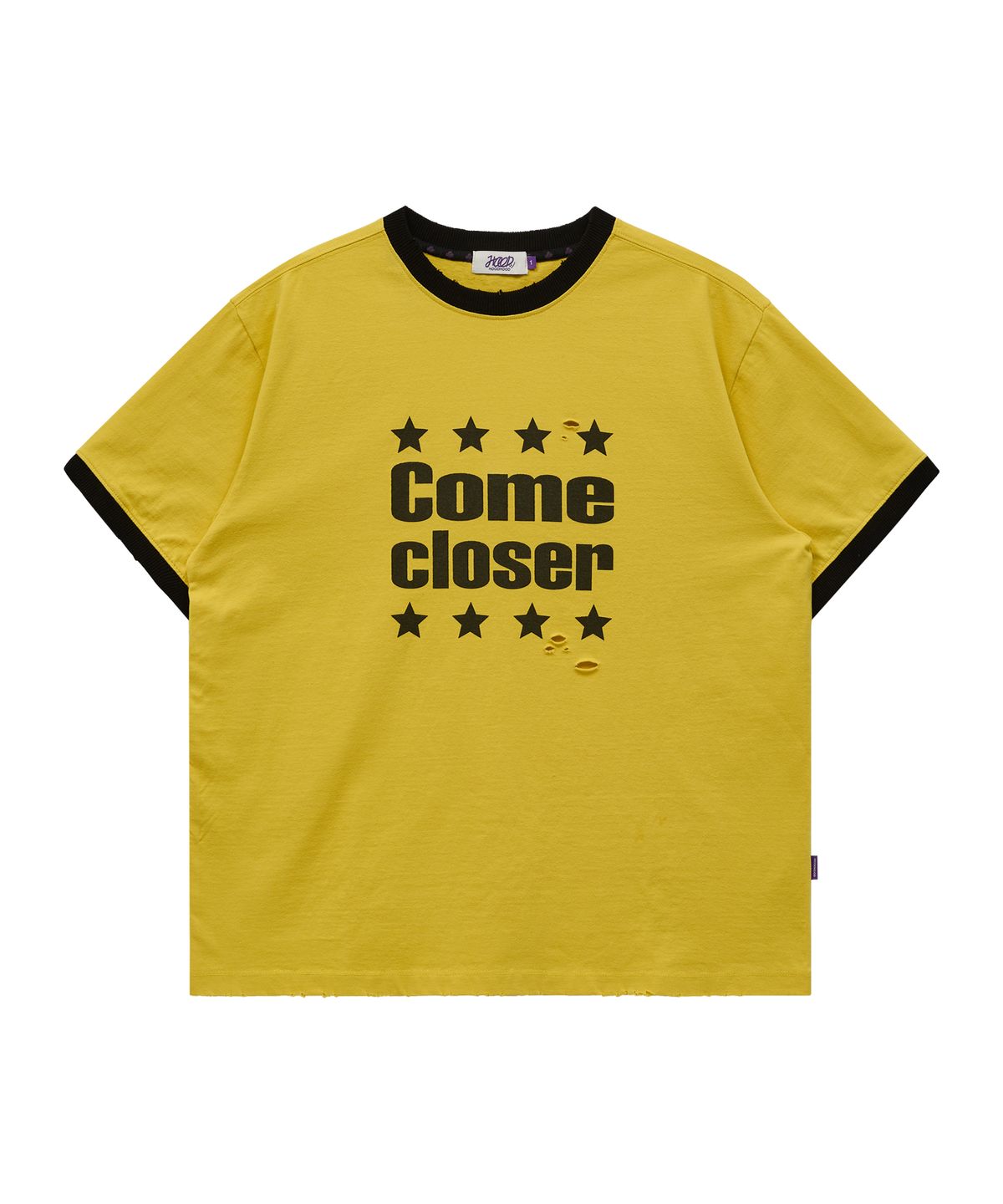 후드후드(HOODHOOD) COME CLOSER 데미지 링거 반팔티셔츠 옐로우