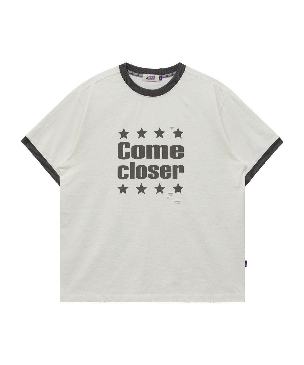 후드후드(HOODHOOD) COME CLOSER 데미지 링거 반팔티셔츠 아이보리