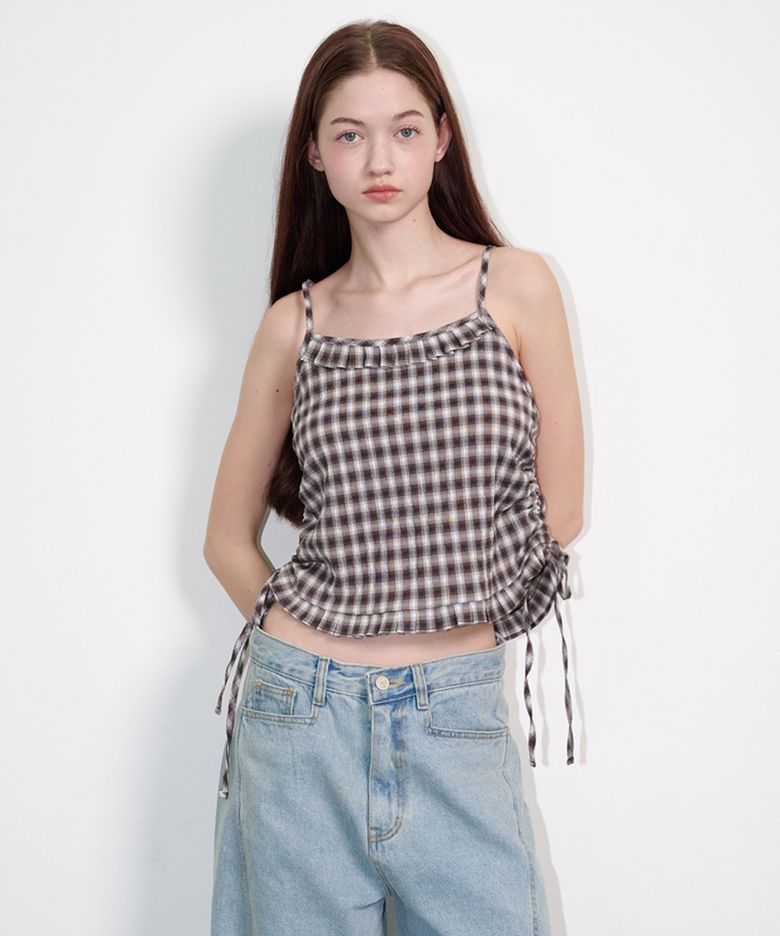 체크 사이드 스트링 슬리브리스 탑 브라운